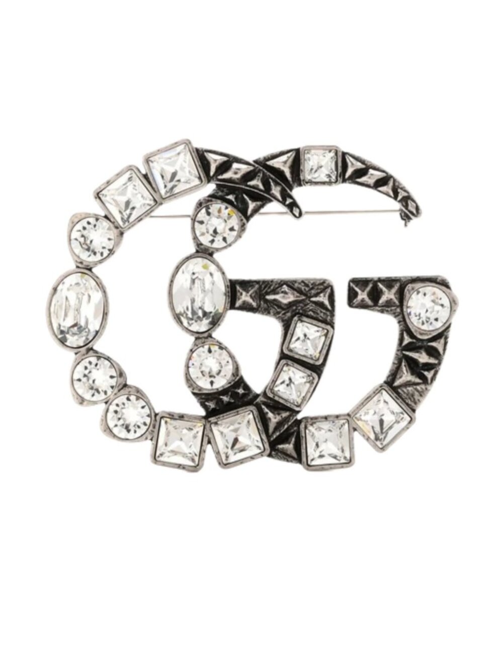 Gucci Metal Crystal Double G Brooch Silver